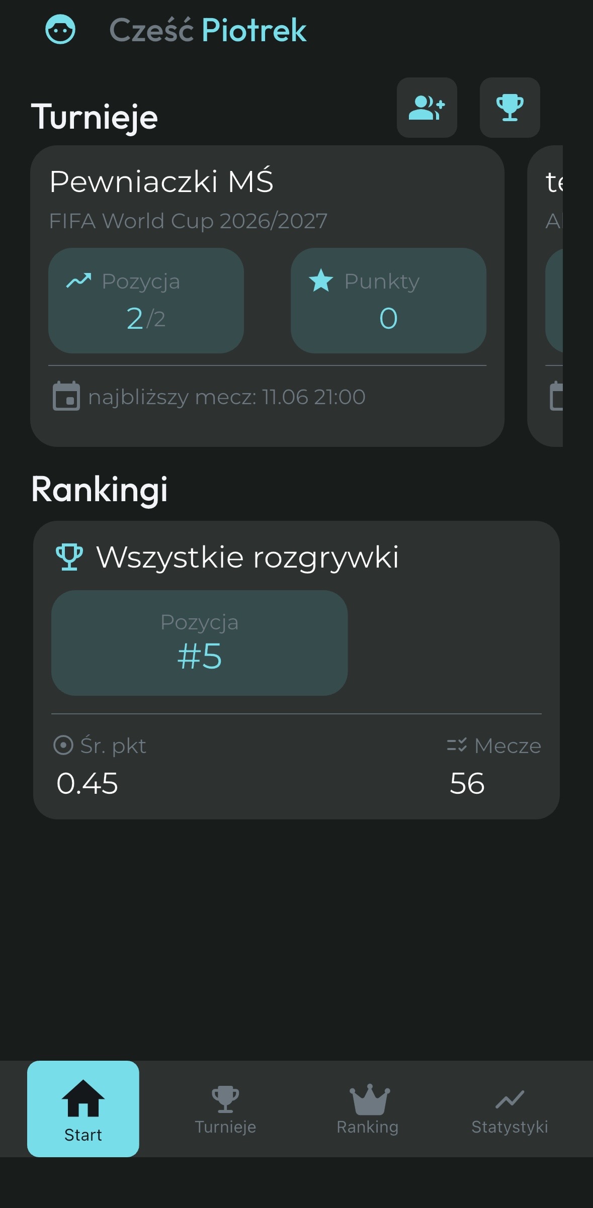 Ekran główny aplikacji ScoreBros z turniejami i rankingiem