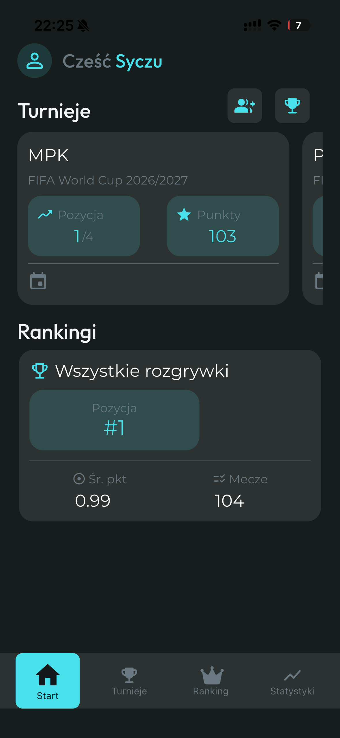 Ekran główny aplikacji ScoreBros