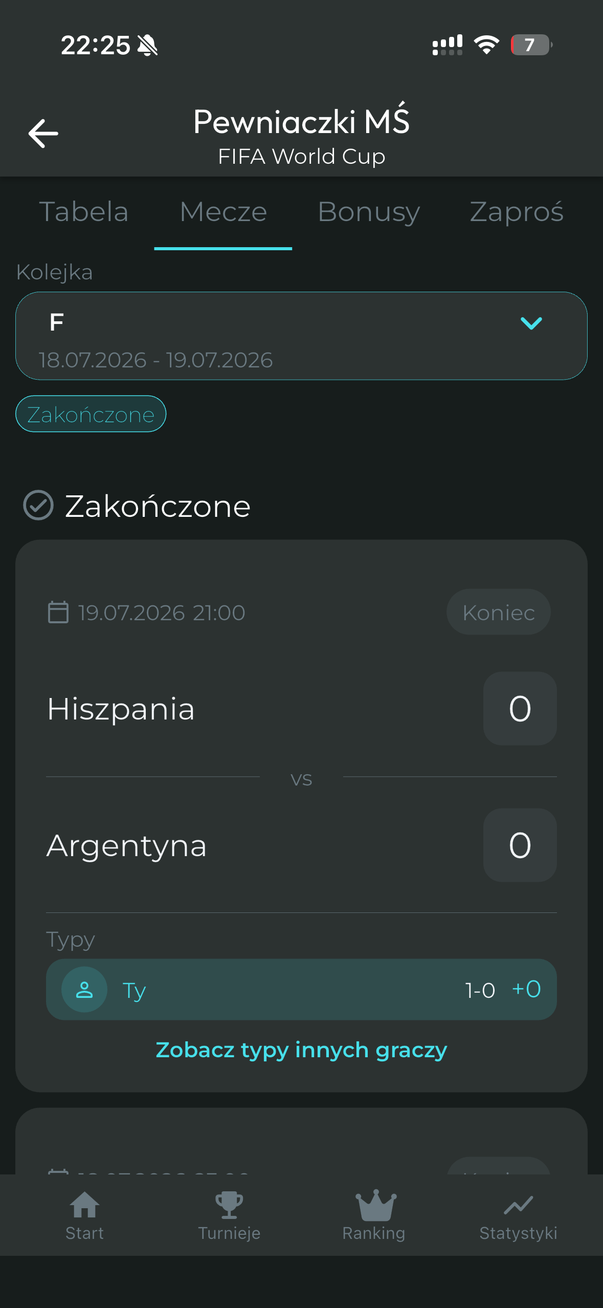 Ekran przeglądu zakończonego meczu w aplikacji ScoreBros