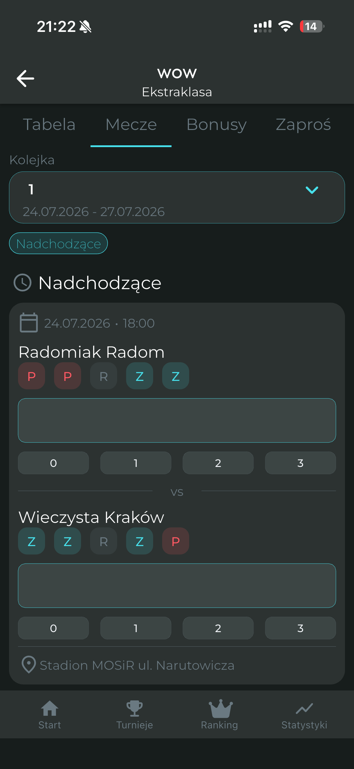 Ekran typowania meczów w aplikacji ScoreBros