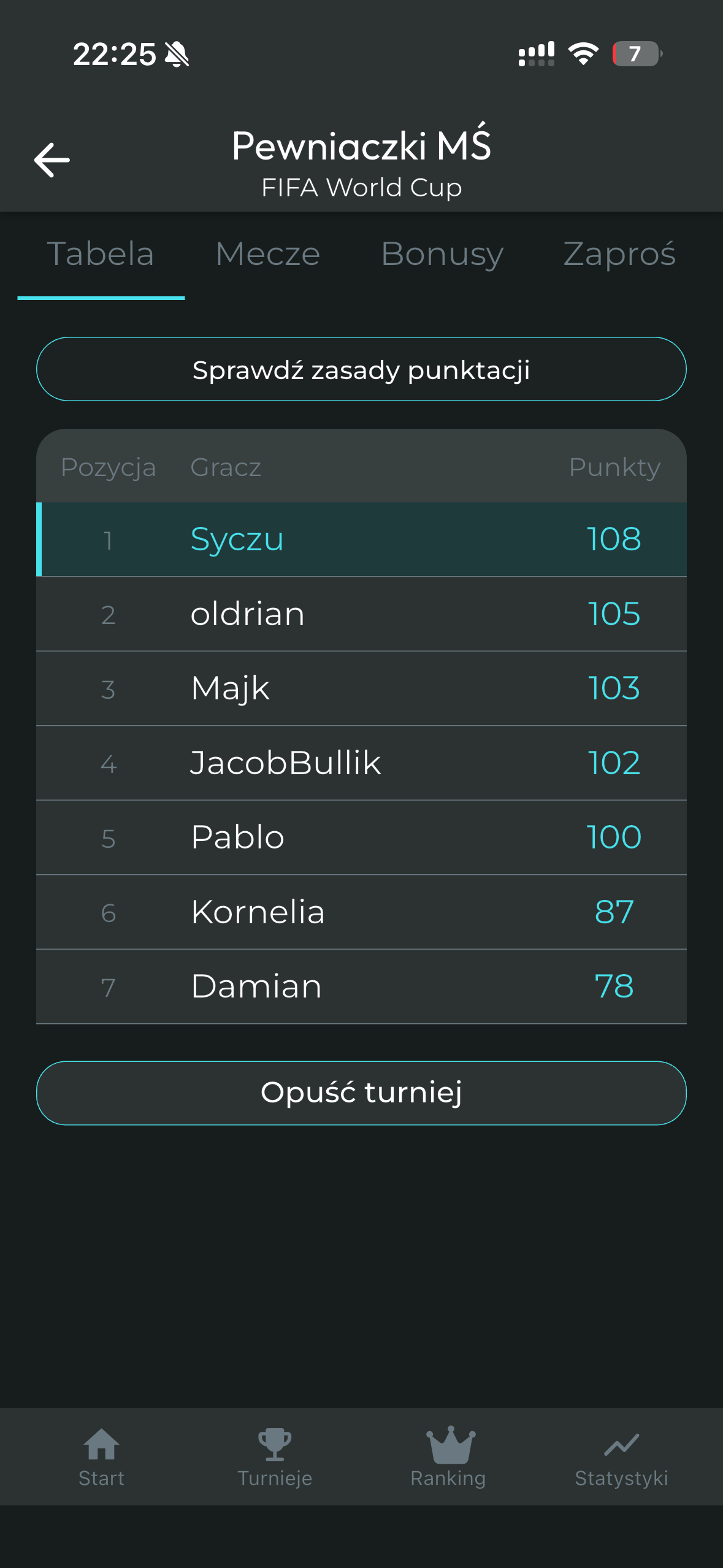 Ekran turnieju aplikacji ScoreBros