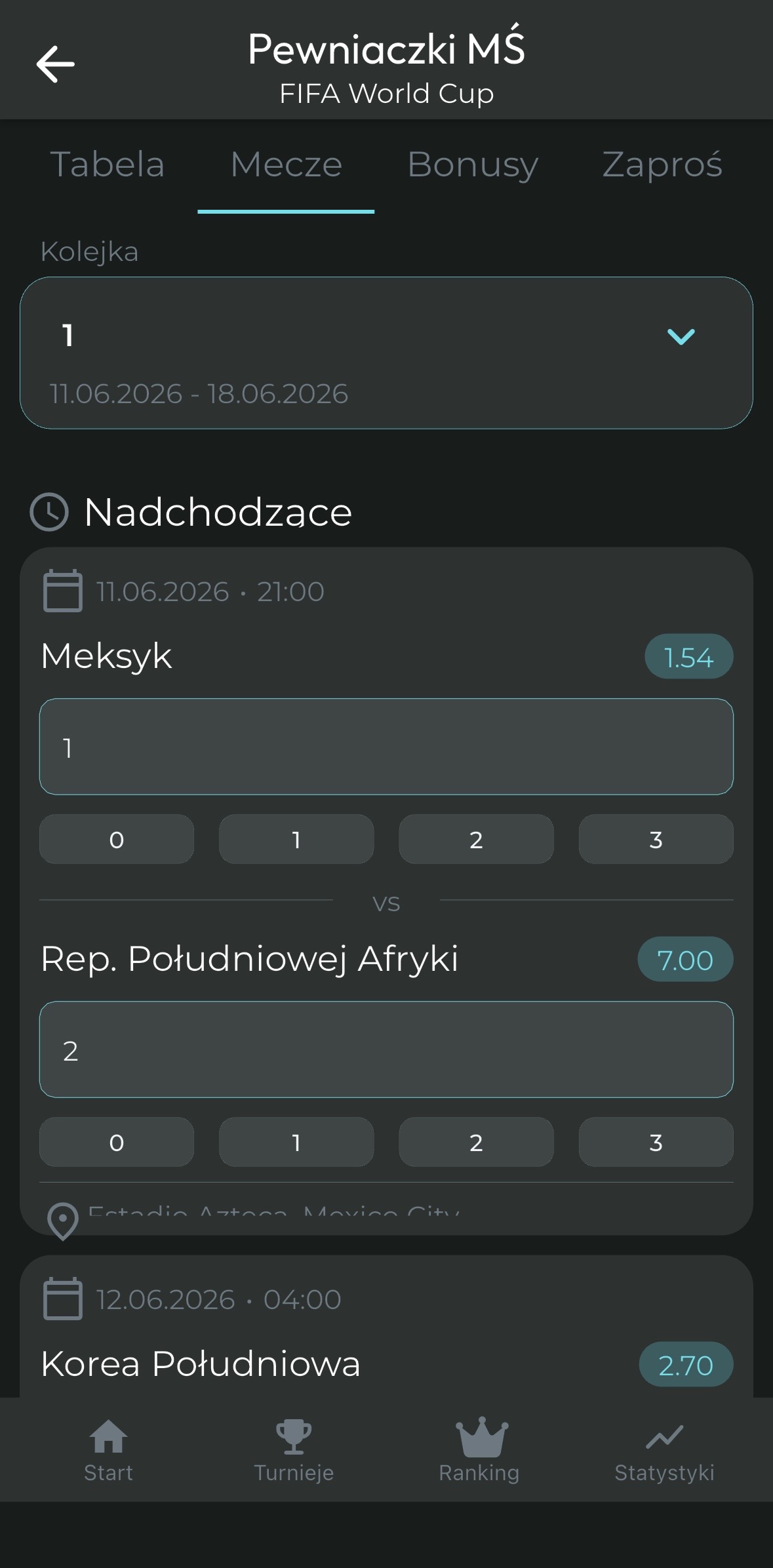 Ekran typowania meczów w aplikacji ScoreBros